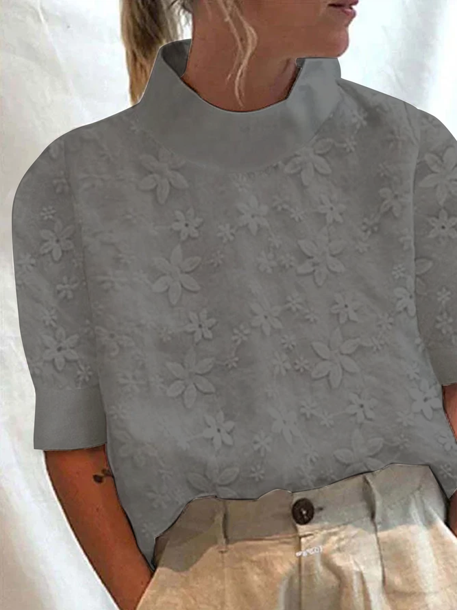 Women's Cotton Linen Lace Lapel Button Down Short Sleeve Shirt