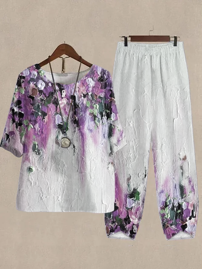 Print Lounge Sets For Women Cotton and Linen Matching Sets Two Piece Lounge Short Sleeve Round Neck Top and Loose Pants Set Printed Casual Sets Loose Ombre Crew Neck Casual Two-Piece Set 