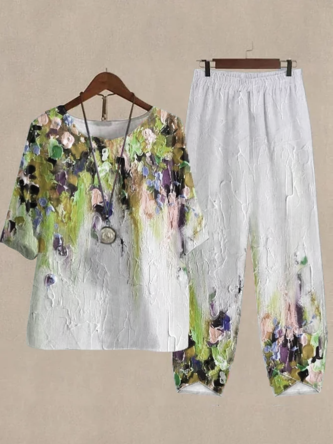 Print Lounge Sets For Women Cotton and Linen Matching Sets Two Piece Lounge Short Sleeve Round Neck Top and Loose Pants Set Printed Casual Sets Loose Ombre Crew Neck Casual Two-Piece Set 