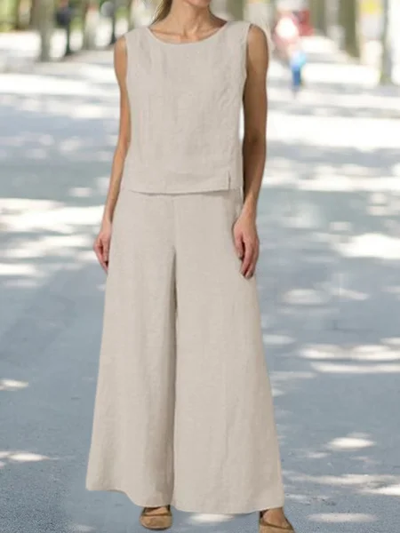 Loose Linen Plain Cotton And Linen Two-Piece Set