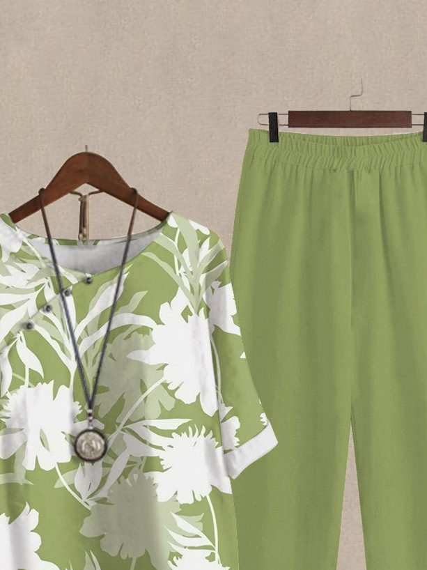 Casual Leaf Asymmetrical Collar Two-Piece Set