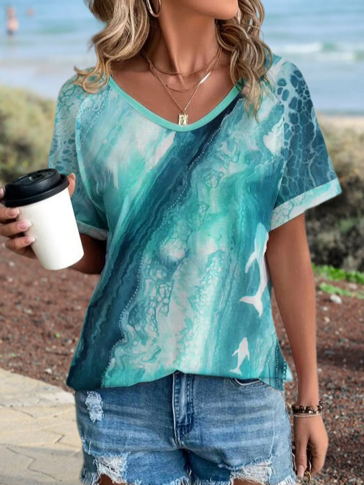 Knitted V Neck Casual Gradient Pattern T-Shirt
