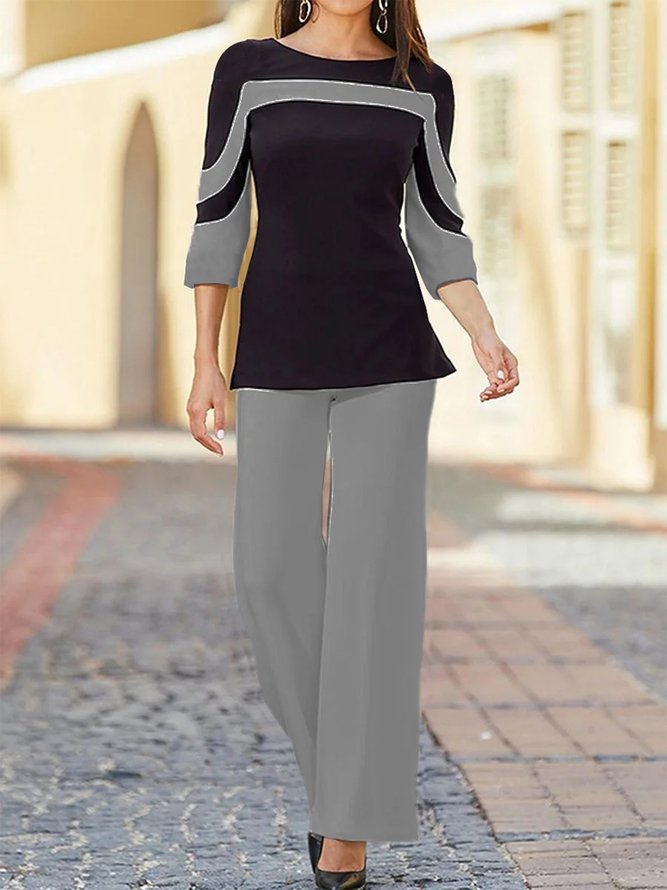 JFN Crew Neck Striped Business Casual Work Outfit Elegant Two-Piece Set Top with Pants