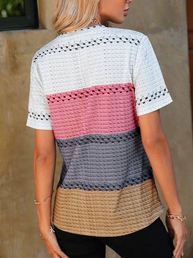Casual Color Block Crew Neck Color Block Hollow Out T-Shirt