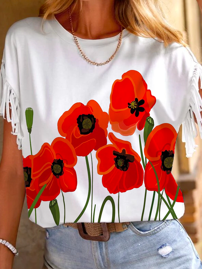 Vacation Loose Poppy Flower Crew Neck T-Shirt