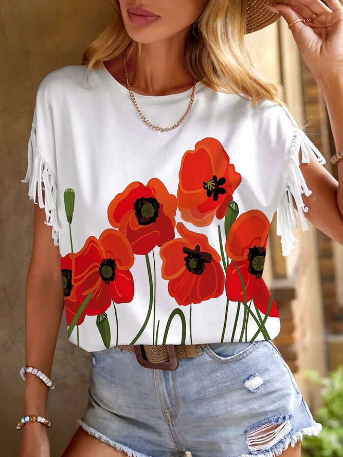 Vacation Loose Poppy Flower Crew Neck T-Shirt