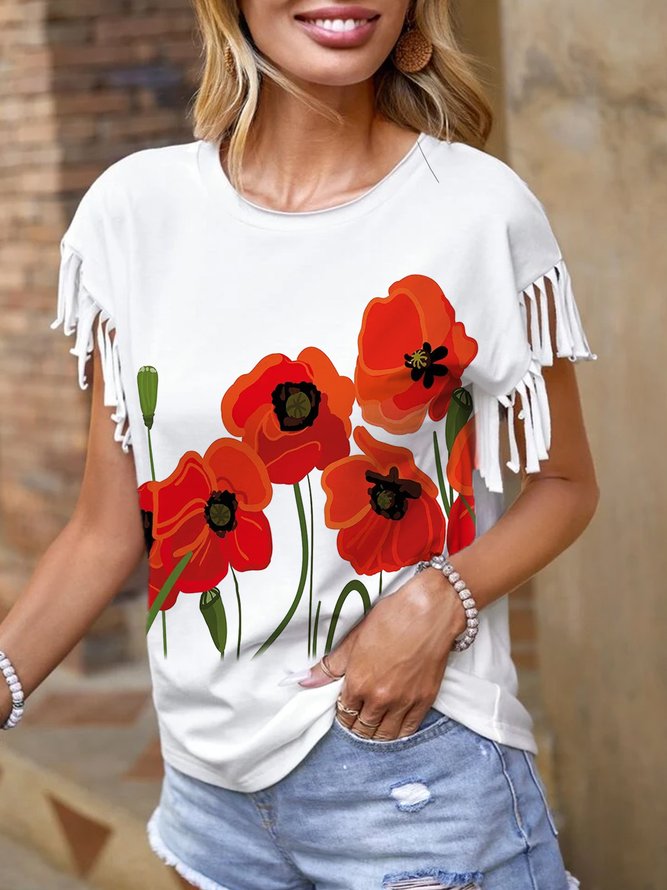 Vacation Loose Poppy Flower Crew Neck T-Shirt