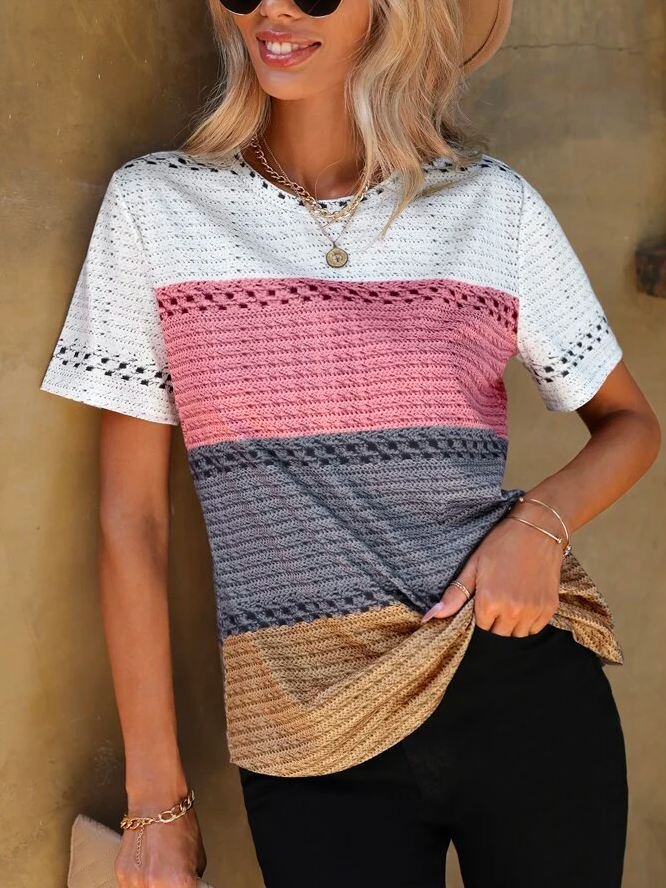 Casual Color Block Crew Neck Color Block Hollow Out T-Shirt