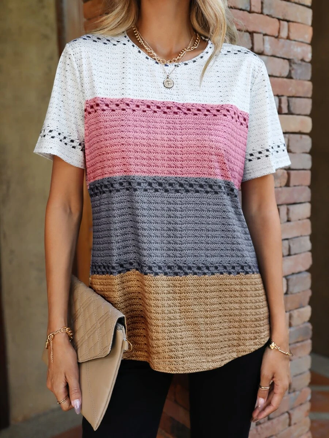 Casual Color Block Crew Neck Color Block Hollow Out T-Shirt