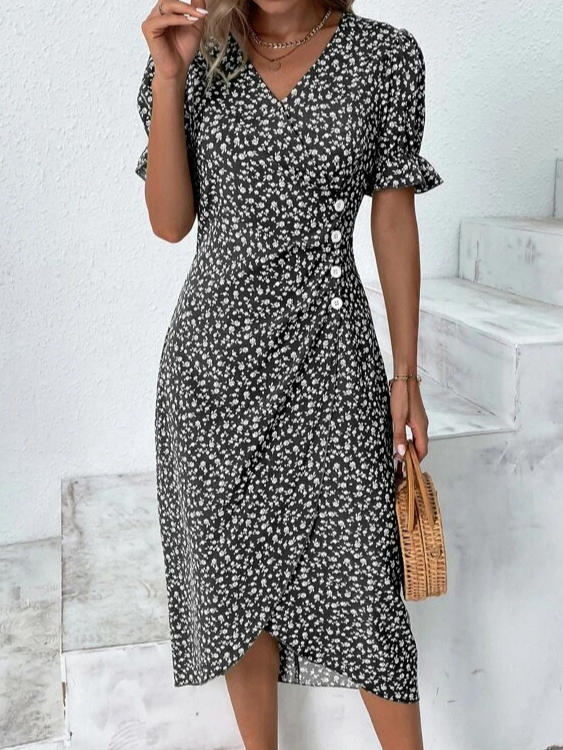 Ditsy Floral Ditsy Flounce Sleeve Wrap Hem Dress
