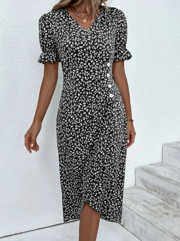 Ditsy Floral Ditsy Flounce Sleeve Wrap Hem Dress