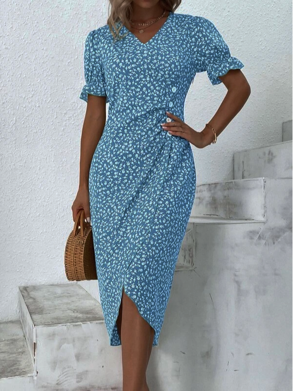 Ditsy Floral Ditsy Flounce Sleeve Wrap Hem Dress
