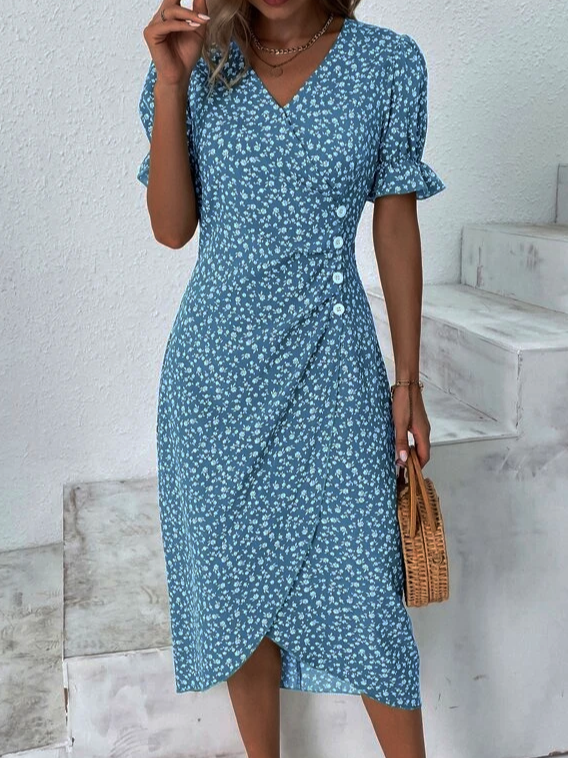 Ditsy Floral Ditsy Flounce Sleeve Wrap Hem Dress