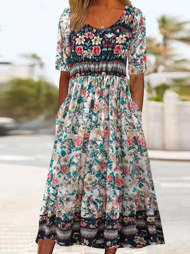 Casual Crew Neck Loose Floral Dress
