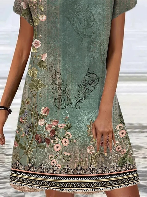 V Neck Ethnic Loose Vintage Summer Dress