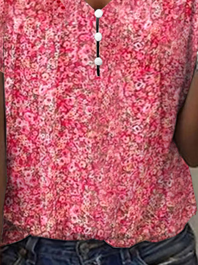 V Neck Floral Buttoned Elegant T-Shirt