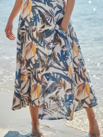 Crew Neck Floral Cotton And Linen Linen Summer Dress