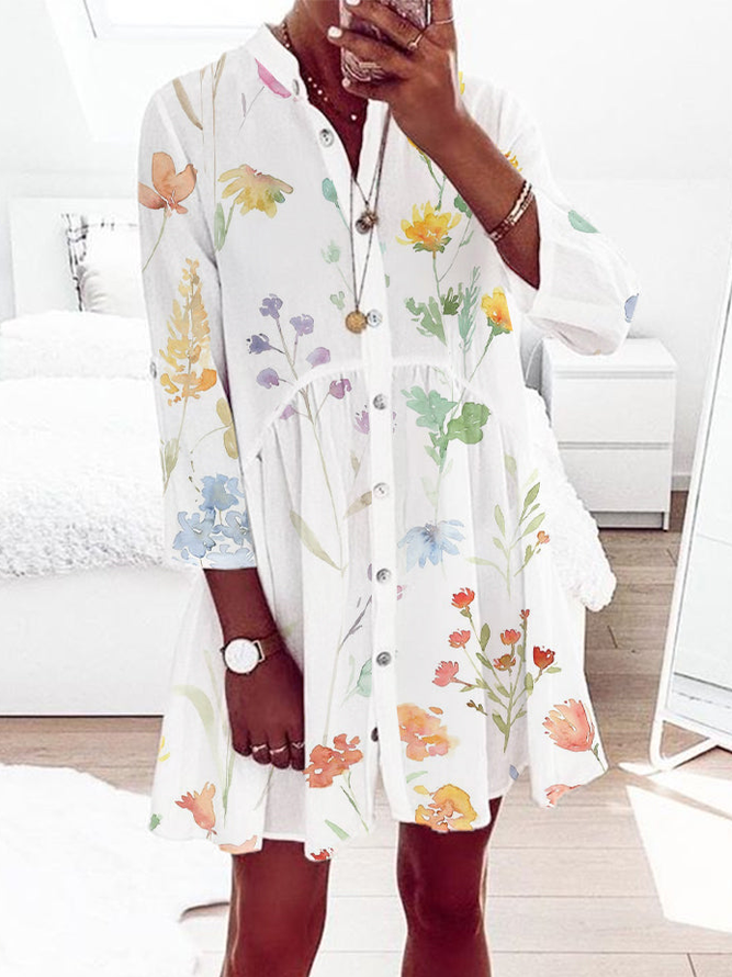 Stand Collar Floral Casual Dress