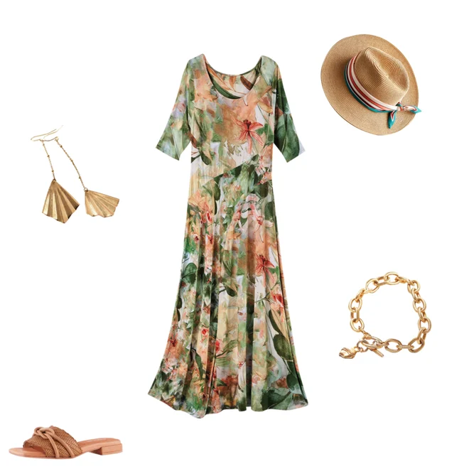Floral Loose Crew Neck Vacation Dress