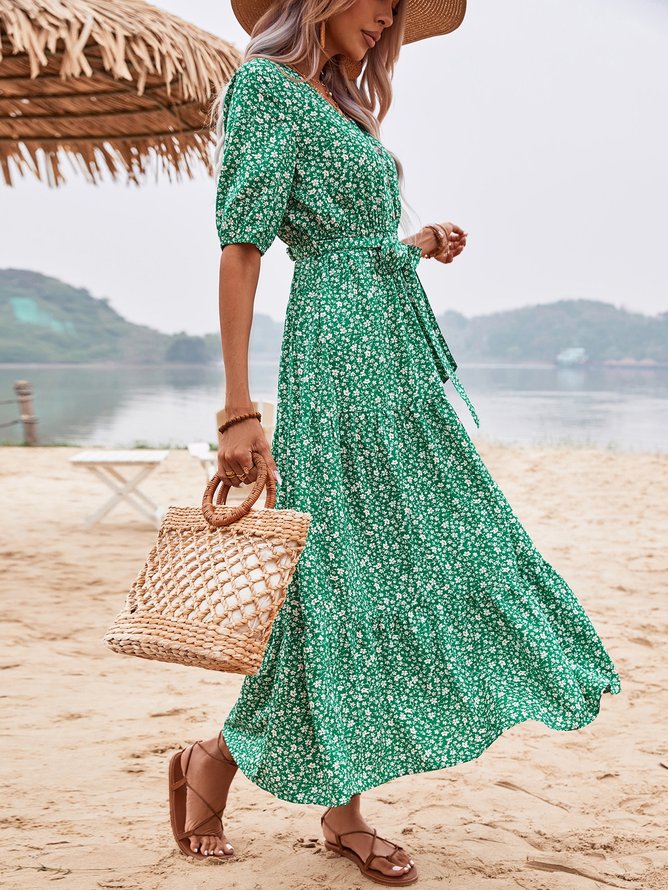 Casual Regular Fit Floral V Neck Dress With Belt