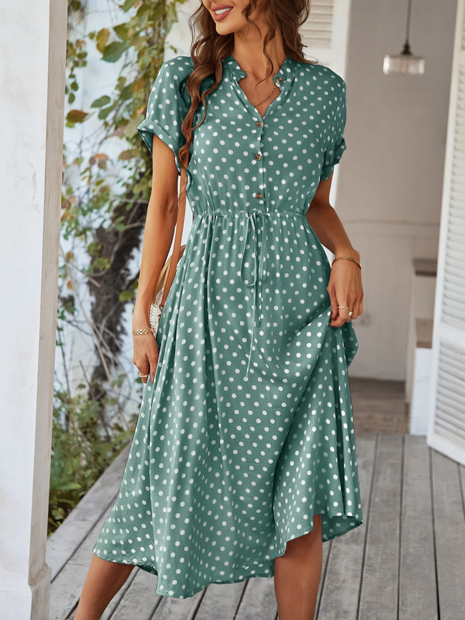 Loose Casual Stand Collar Polka Dots Dress