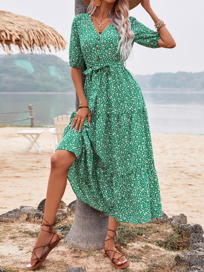 Casual Regular Fit Floral V Neck Dress With Belt