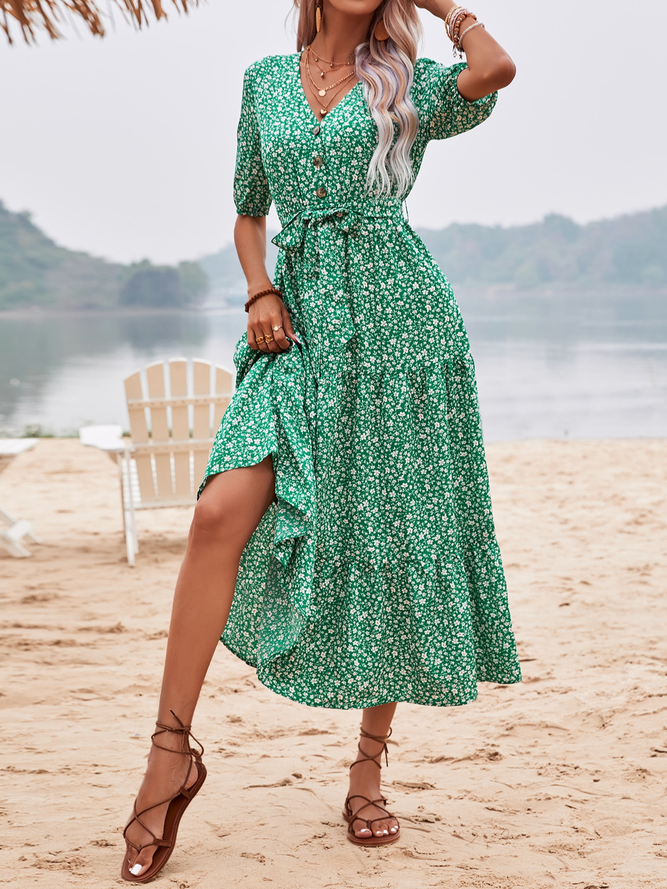 Casual Regular Fit Floral V Neck Dress With Belt