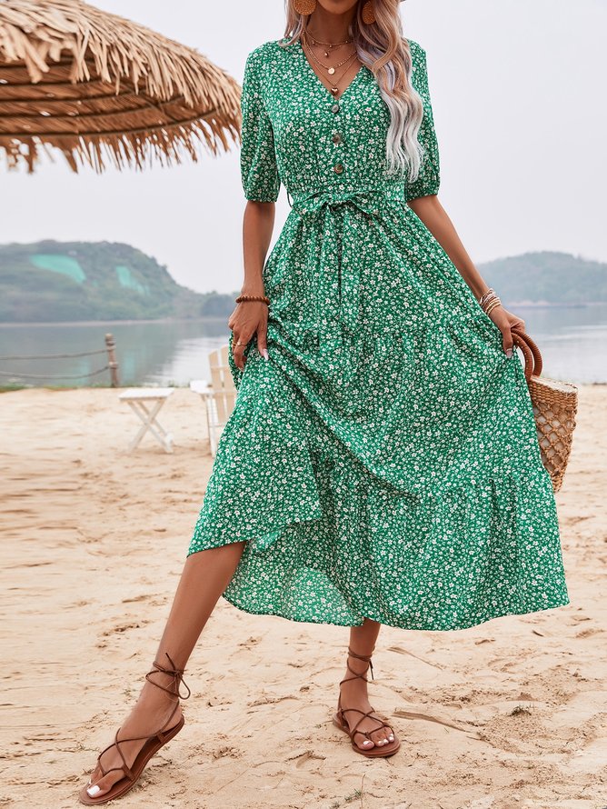 Casual Regular Fit Floral V Neck Dress With Belt
