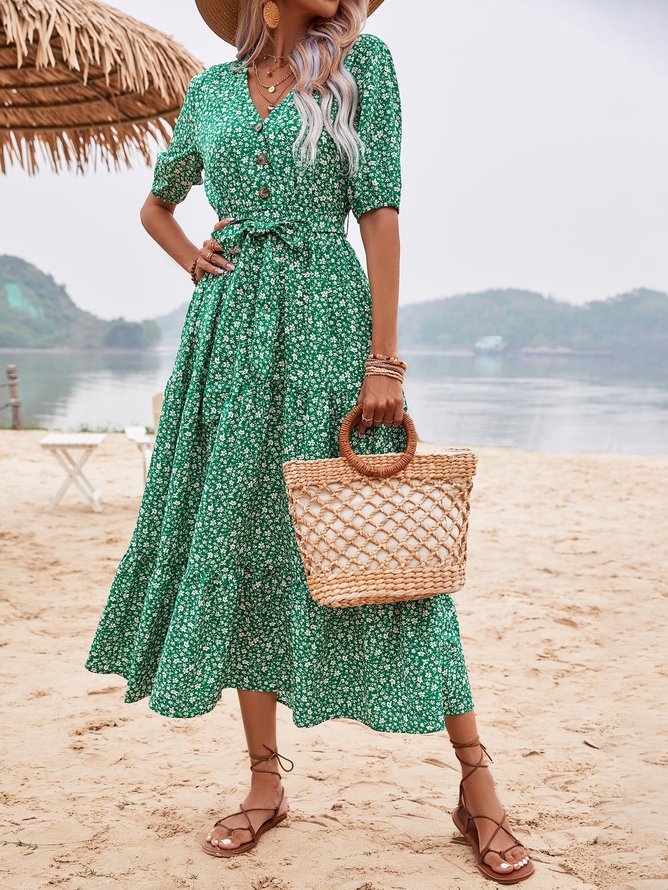 Casual Regular Fit Floral V Neck Dress With Belt