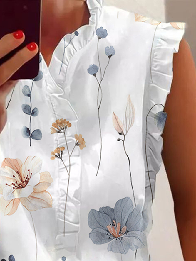 Lotus Leaf Collar Floral Casual Shirt