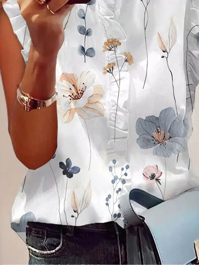 Lotus Leaf Collar Floral Casual Shirt