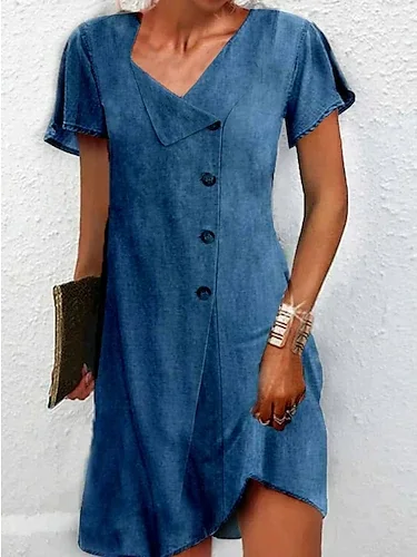 JFN Asymmetrical Neck Buttoned Casual Plain Dress