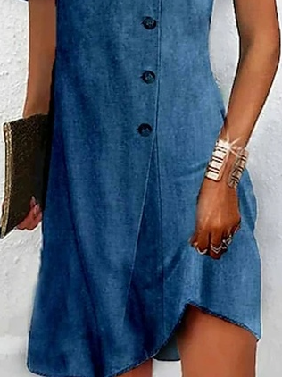 JFN Asymmetrical Neck Buttoned Casual Plain Dress