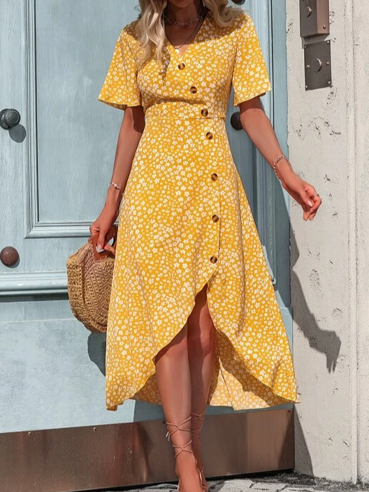 Ditsy Floral V Neck Ditsy Loose Geometric Vacation Dress