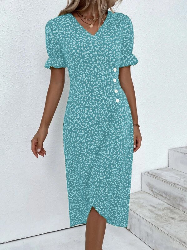 Ditsy Floral Ditsy Flounce Sleeve Wrap Hem Dress