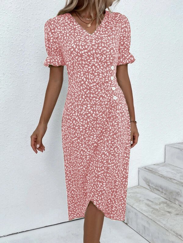 Ditsy Floral Ditsy Flounce Sleeve Wrap Hem Dress