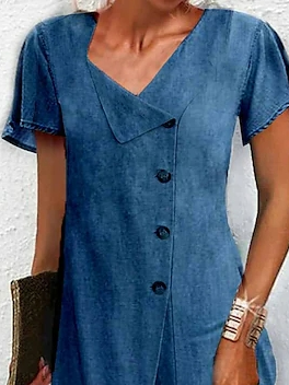 JFN Asymmetrical Neck Buttoned Casual Plain Dress
