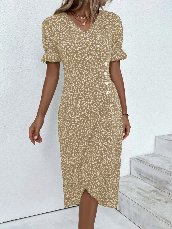 Ditsy Floral Ditsy Flounce Sleeve Wrap Hem Dress