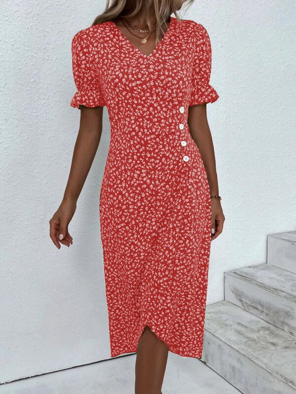 Ditsy Floral Ditsy Flounce Sleeve Wrap Hem Dress