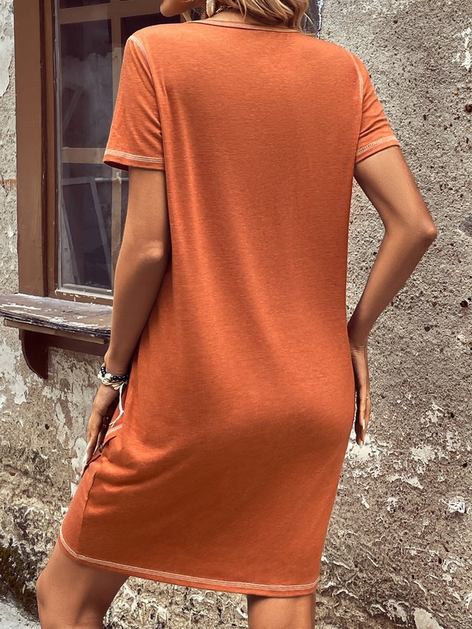 Casual Buckle Plain Crew Neck Dress