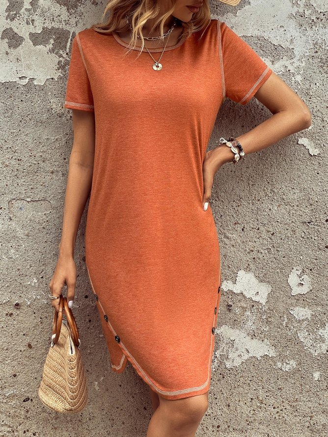 Casual Buckle Plain Crew Neck Dress