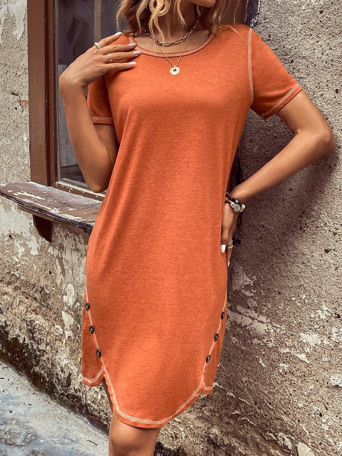Casual Buckle Plain Crew Neck Dress