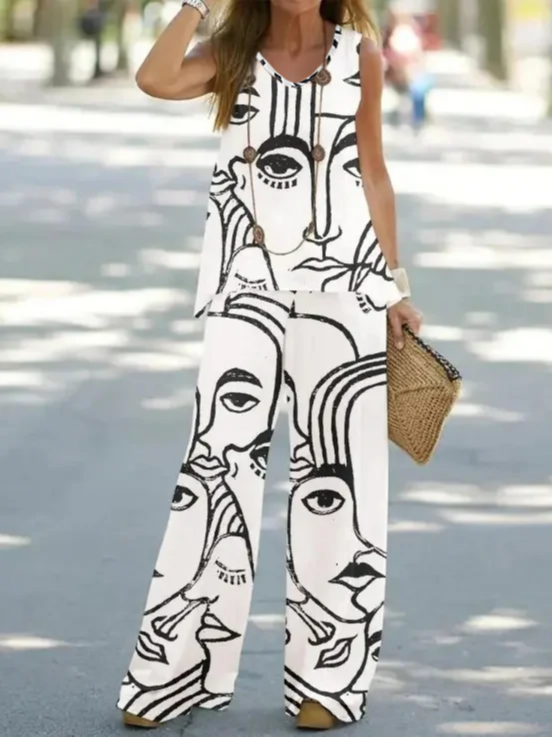 Abstract Crew Neck Loose Casual Two-Piece Set