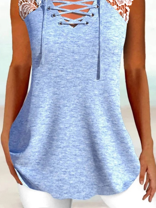 Casual V Neck Lace Loose Tank Top
