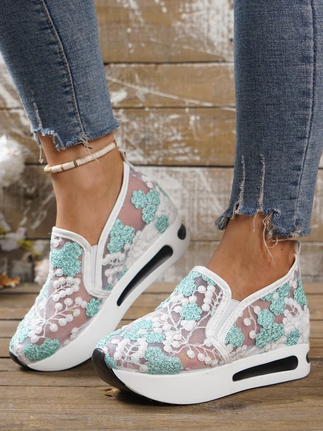 Floral Embroidery Breathable Platform Loafer Sheer Mesh Sneakers Hollow Out Tulle Comfortable Slip-On 