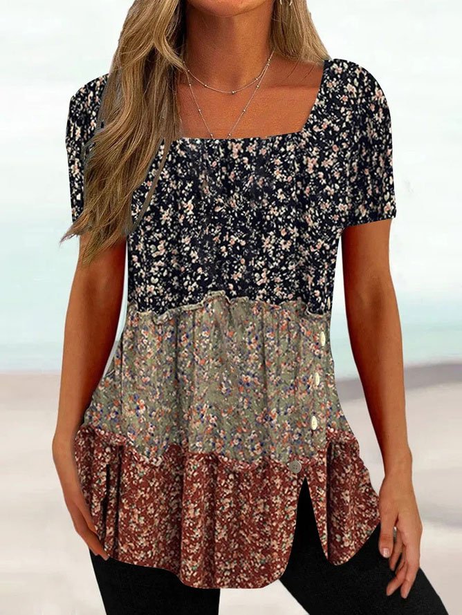 Disty Floral Square Neck Casual Shirt
