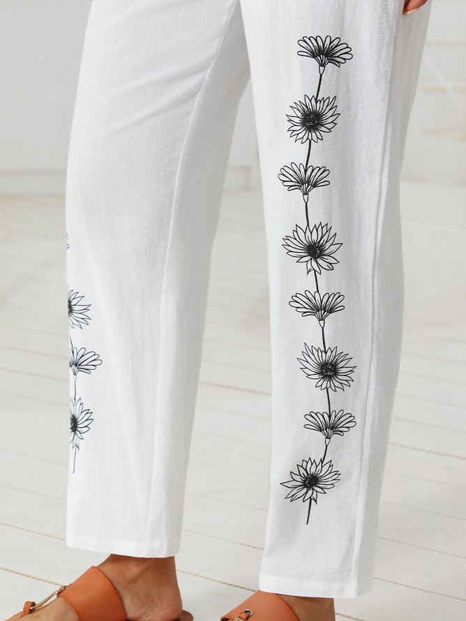 Women's Loose Casual Baggy Linen & Cotton Daisy Floral Pant 