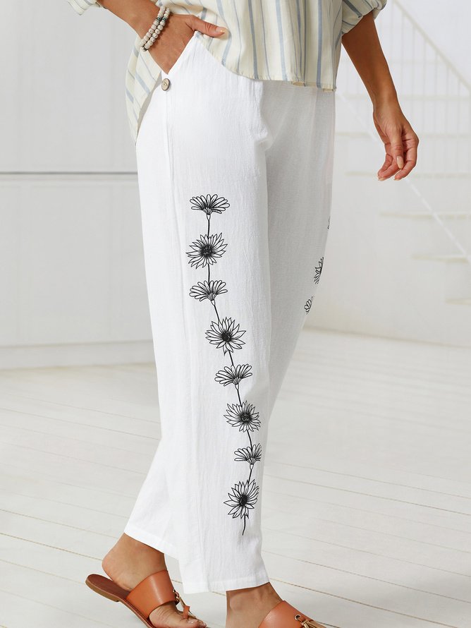 Women's Loose Casual Baggy Linen & Cotton Daisy Floral Pant 