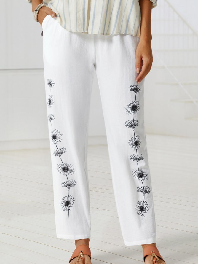 Women's Loose Casual Baggy Linen & Cotton Daisy Floral Pant 