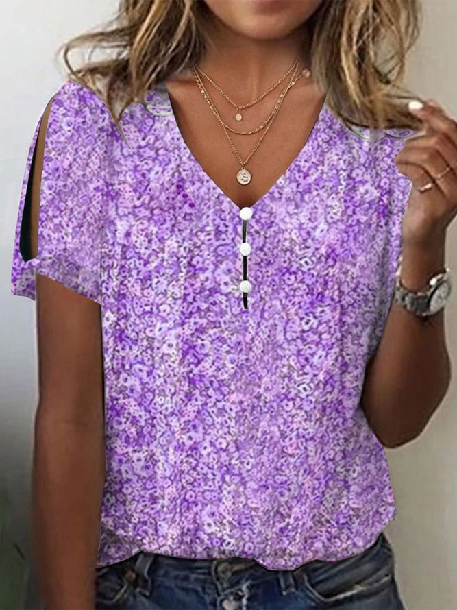 V Neck Floral Buttoned Elegant T-Shirt